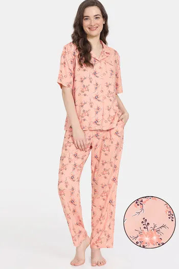 Buy Zivame Pretty Florals Woven Pyjama Set - Peach Parfait